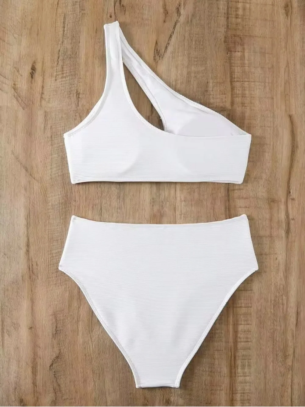 White One-Shoulder Asymmetric Bikini with Gold Ring Accents - Picture 7 of 11